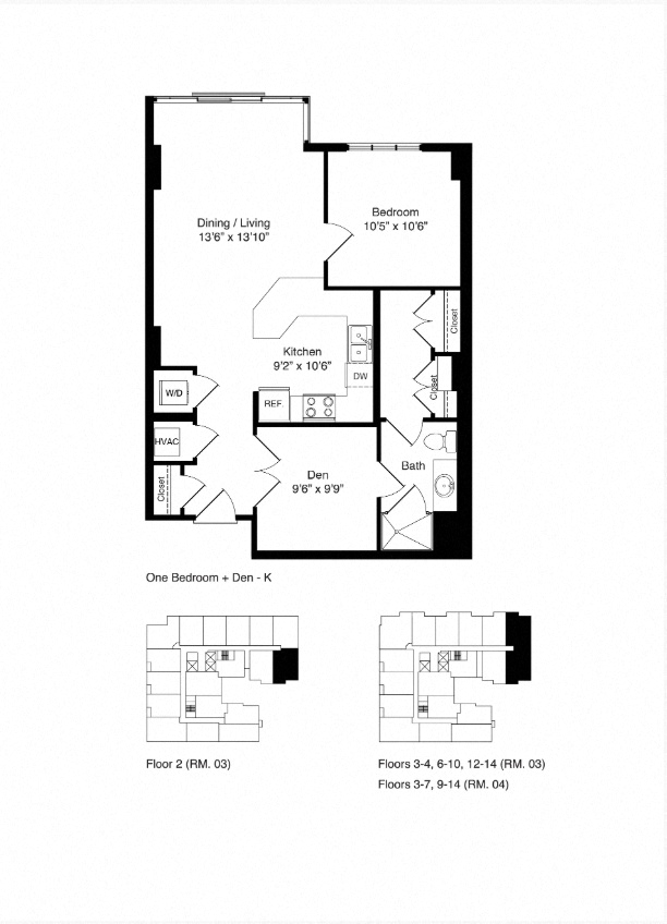 Floor plan for 1 bed, 1 bath, 858 sqft